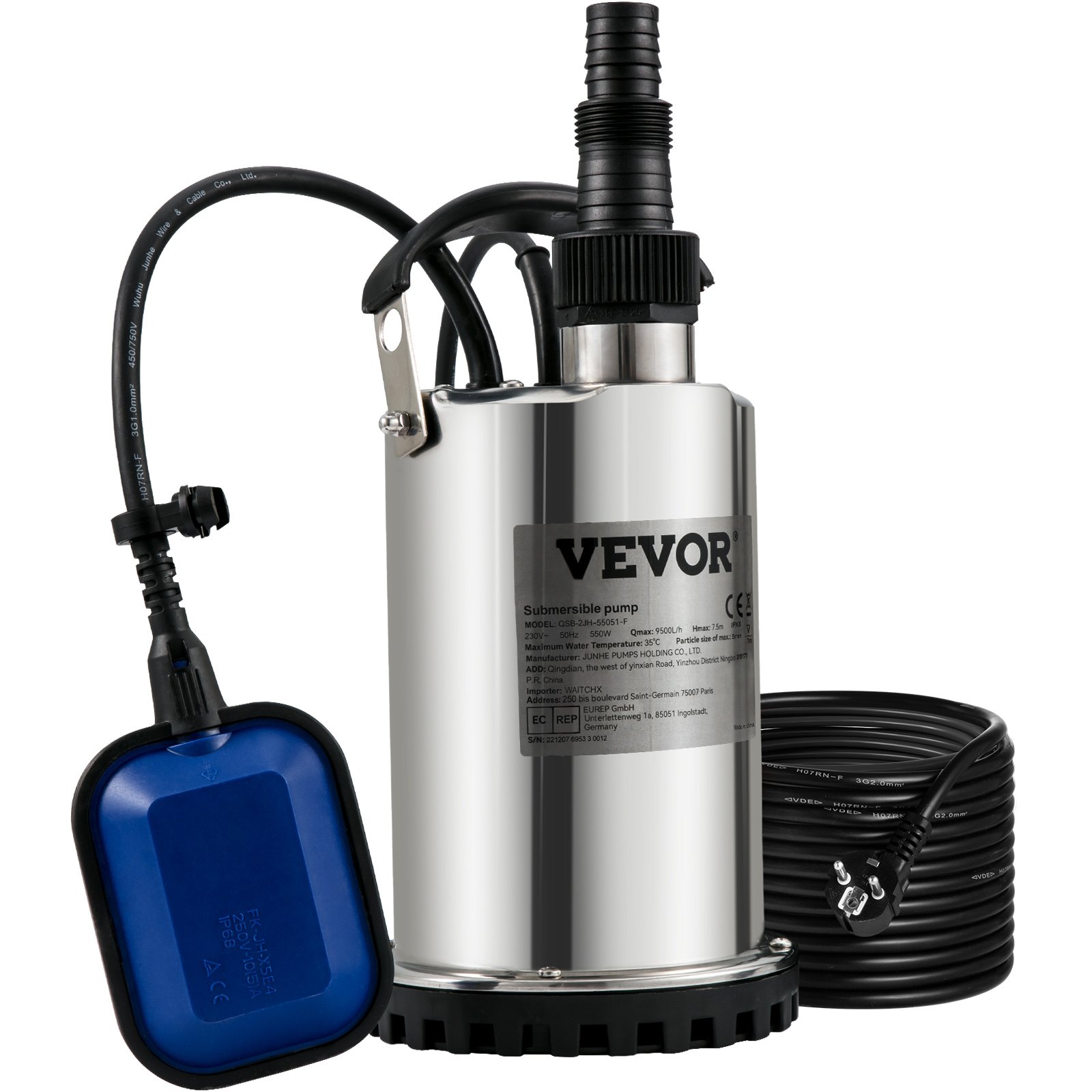 VEVOR Vuilwaterpomp 550W Dompelpomp 230V Tuinpomp Debiet 9500L/u Vuilwater Dompelpomp IPX8 Uitlaat afsnijdbaar voor het pompen van water uit zwembaden, vijvers en kelders