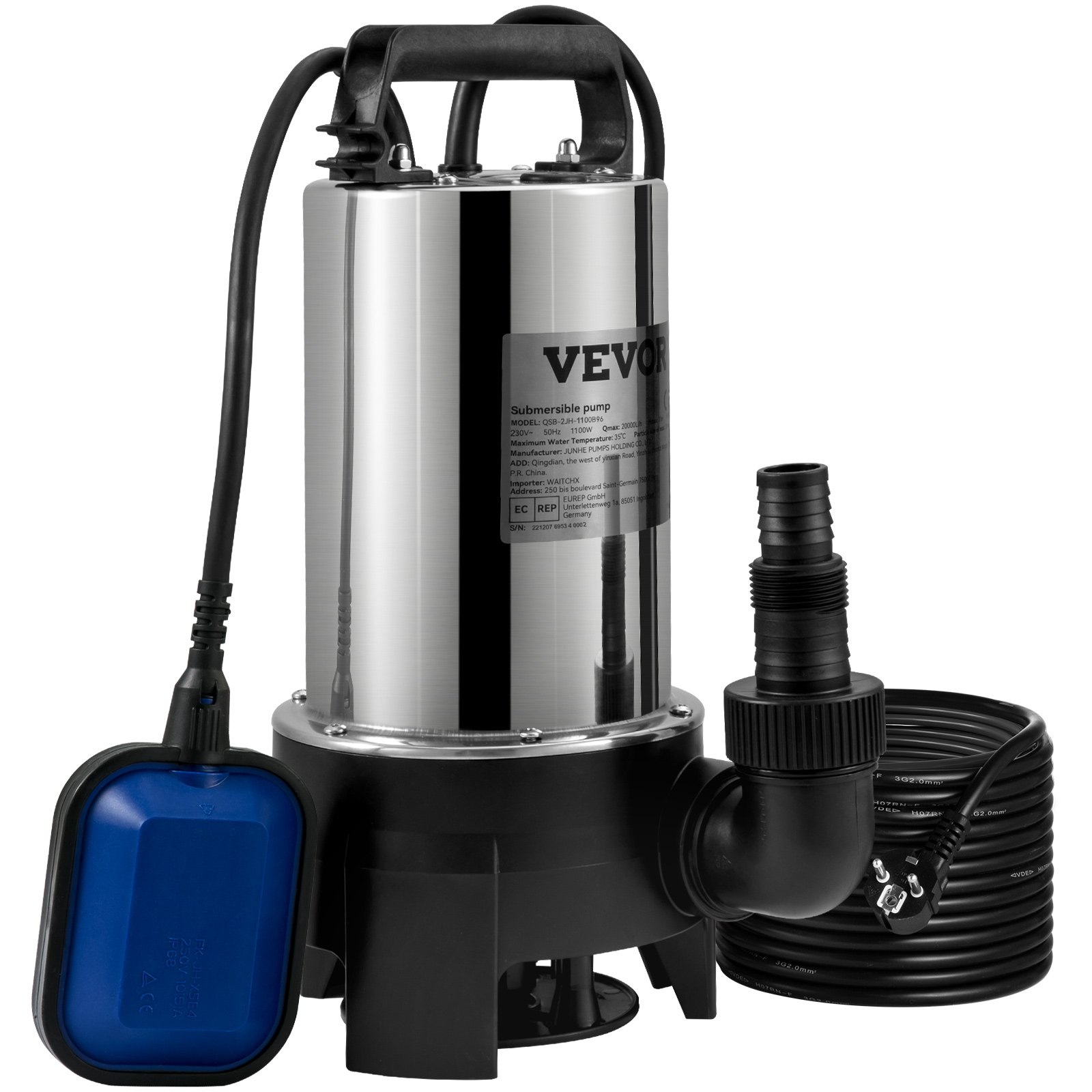 VEVOR Dompelpomp 1100W Vuilwaterpomp 230V Tuinpomp Debiet 333,3 l/min Vuilwaterdompelpomp IPX8 Uitlaat afneembaar voor het wegpompen van water uit zwembaden en vijvers