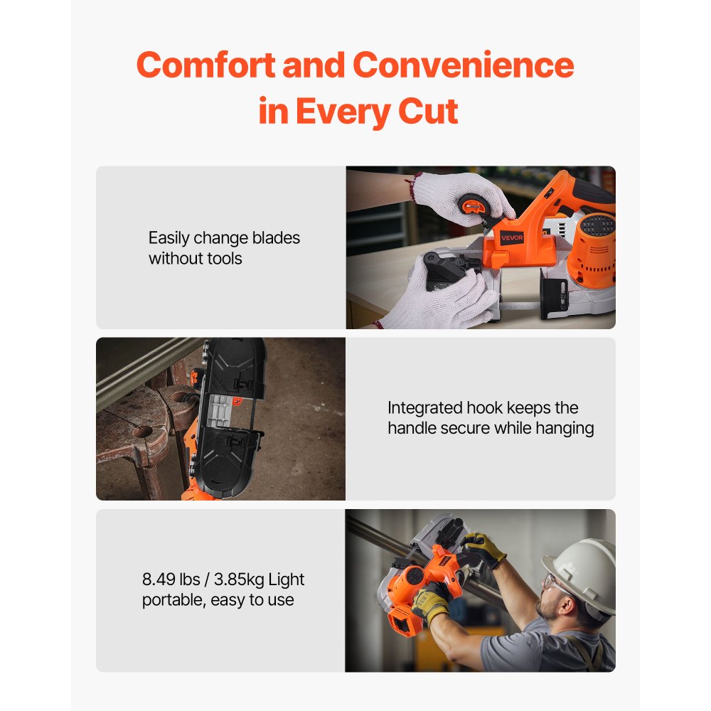 VEVOR 20V Portable Band Saw, 2.56-Inch Deep Cut, 360W Bandsaw with Brushless Motor, Cordless and Compact Portaband, Hang Hooks, 0-192 m/min Variable Speed, for Cutting Metal, Wood (Bare Tool Only)
