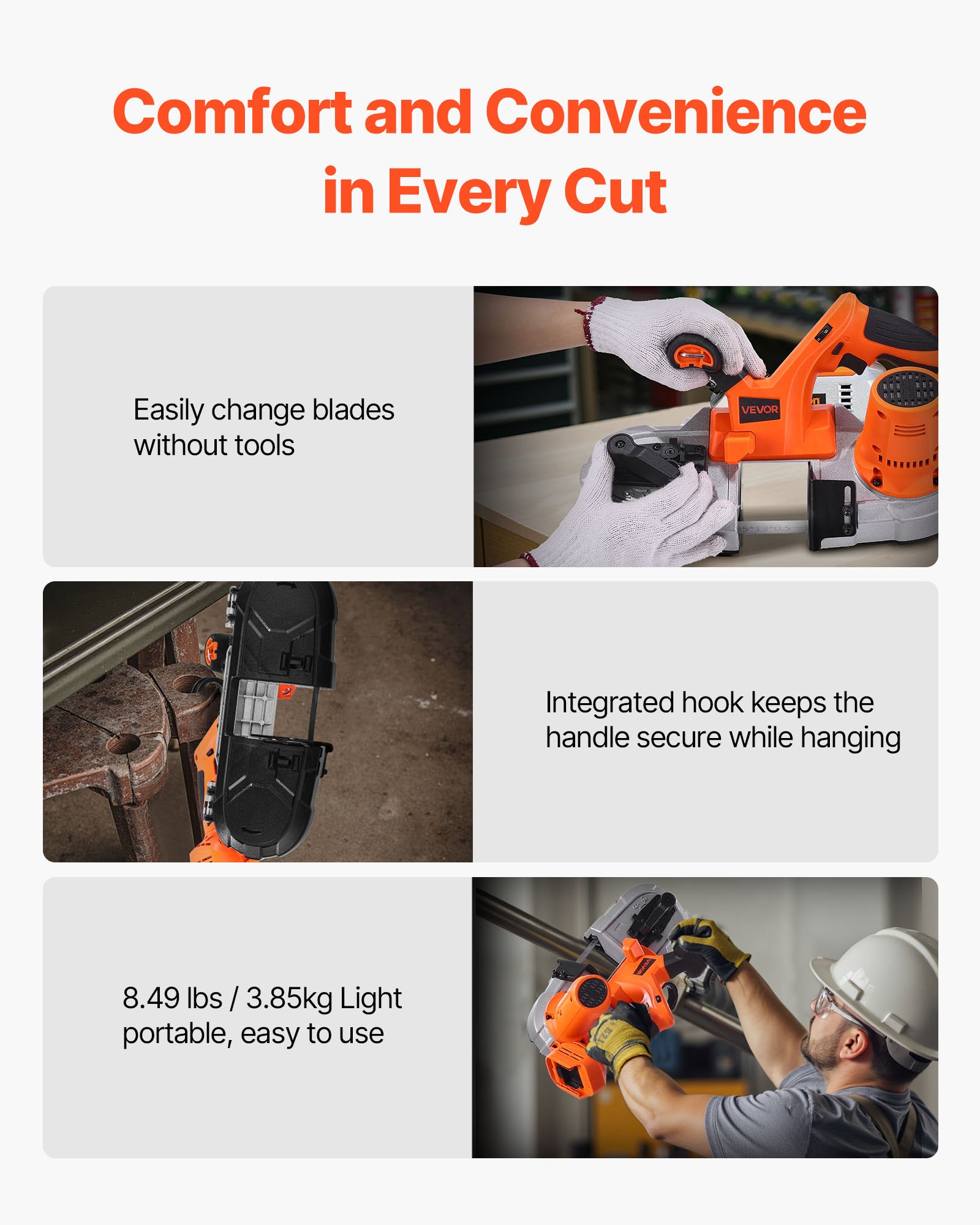 VEVOR 20V Portable Band Saw, 2.56-Inch Deep Cut, 360W Bandsaw with Brushless Motor, Cordless and Compact Portaband, Hang Hooks, 0-192 m/min Variable Speed, for Cutting Metal, Wood (Bare Tool Only)