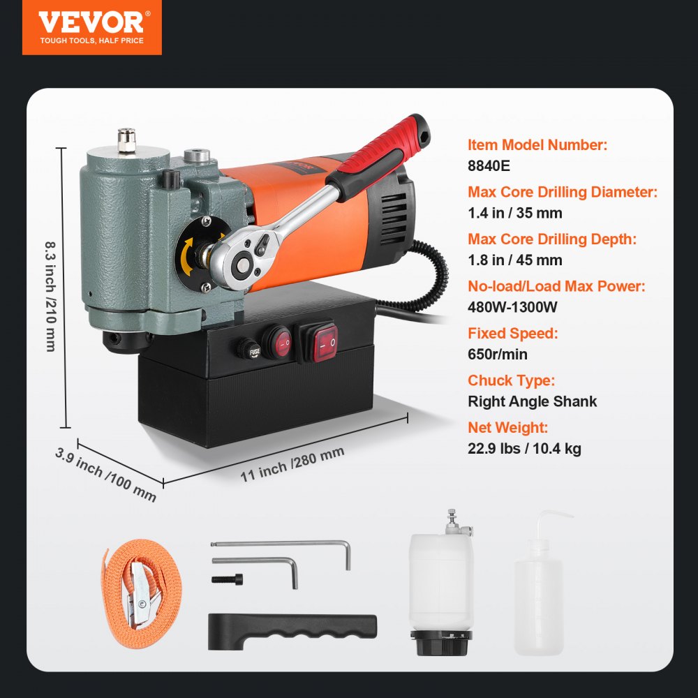 VEVOR Magnetische Boor, Kernboormachine 1300W, Platte Draagbare Magnetische Boor met Koeling en Overbelastingsbeveiliging, Magnetische Pers voor Apparatuurinstallatie, Industrie, Metaalbewerking, Oranje