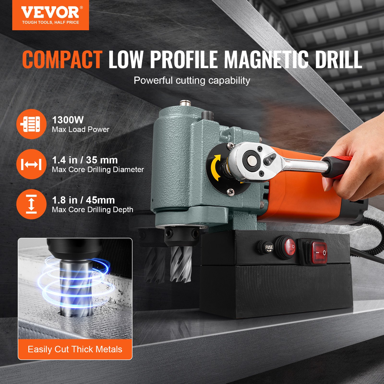 VEVOR Magnetische Boor, Kernboormachine 1300W, Platte Draagbare Magnetische Boor met Koeling en Overbelastingsbeveiliging, Magnetische Pers voor Apparatuurinstallatie, Industrie, Metaalbewerking, Oranje
