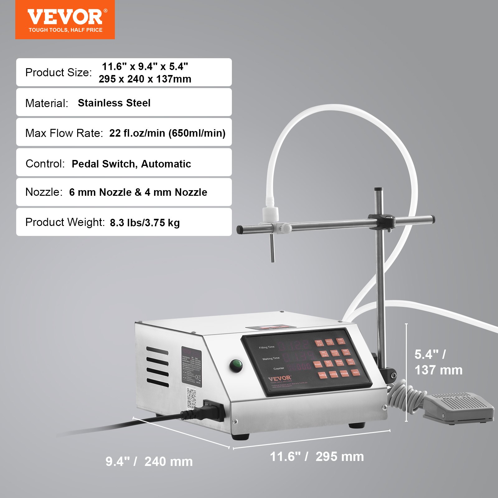 VEVOR Vulmachine Automatisch/Pedaalschakelaar Vloeistofvulmachine 650 ml/min Flessenvulmachine 29,5 x 24 x 13,7 cm Pasta-vulmachine RVS 201 Vulmachine Digitaal Wijn Melk etc.