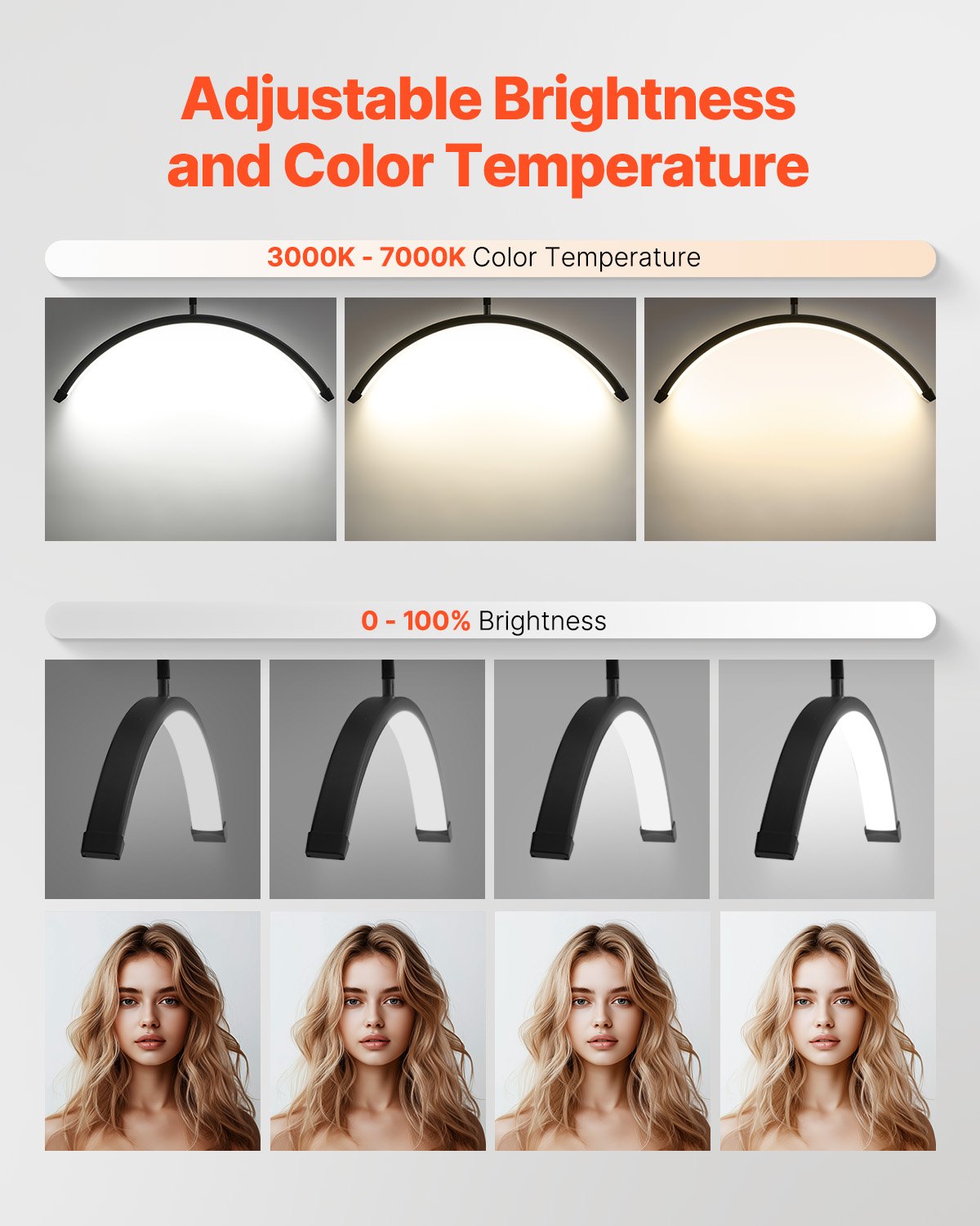 VEVOR Half Moon Light for Esthetician, 23 inch Dimmable LED Floor Lamp Lash Light for Eyelash Extensions, Arched Eyelash Lamp with Phone Holder, Remote Control, for Beauty, Skincare, Eyebrows, Tattoo