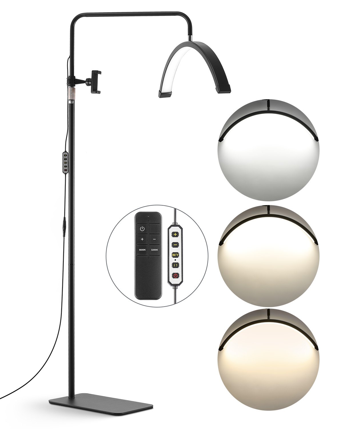 VEVOR Half Moon Light for Esthetician, 23 inch Dimmable LED Floor Lamp Lash Light for Eyelash Extensions, Arched Eyelash Lamp with Phone Holder, Remote Control, for Beauty, Skincare, Eyebrows, Tattoo