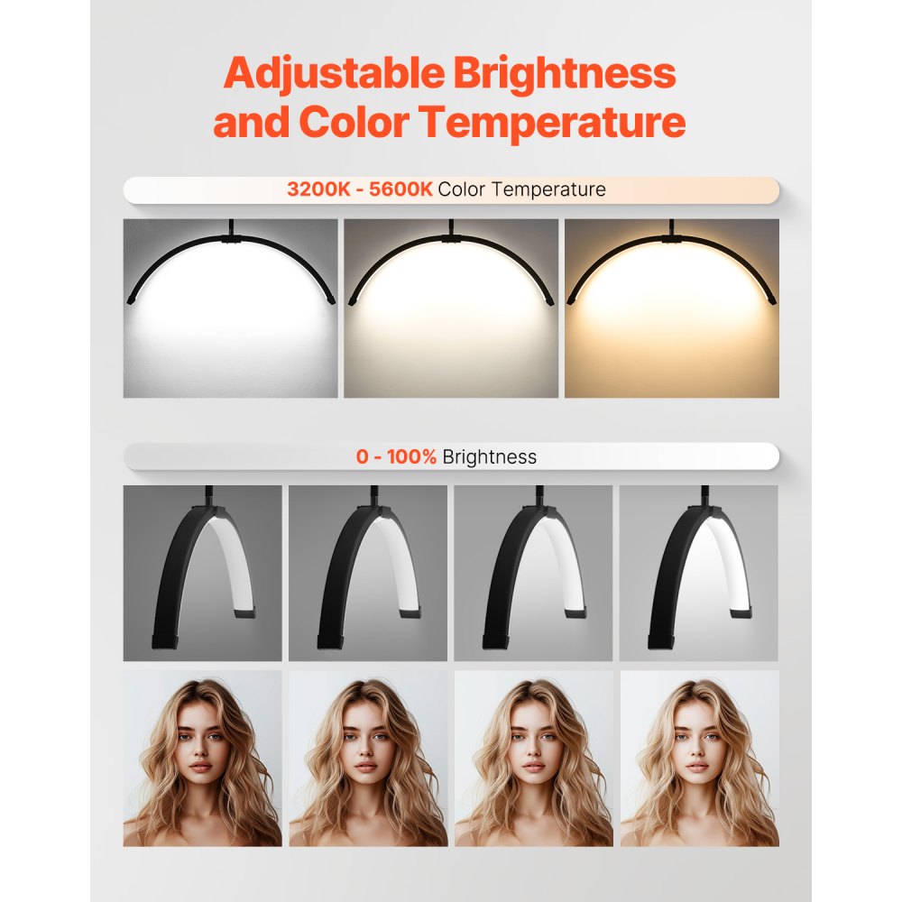 VEVOR Half Moon Light Verstelbare Dimbare LED Vloerlamp (Max. 181 cm Hoogte), Wimperlamp voor Wimperextensions, Wimperlamp met Telefoonhouder & Afstandsbediening, voor Huidverzorging Wenkbrauwen