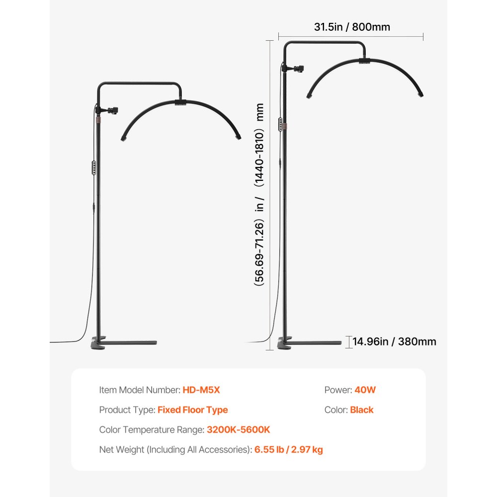 VEVOR Half Moon Light Verstelbare Dimbare LED Vloerlamp (Max. 181 cm Hoogte), Wimperlamp voor Wimperextensions, Wimperlamp met Telefoonhouder & Afstandsbediening, voor Huidverzorging Wenkbrauwen
