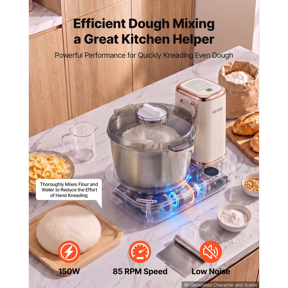 VEVOR Deegkneedmachine met rijs- en pasta-extrusiefunctie, 5 liter elektrisch, geschikt voor brood, pizza en pasta, met 7 vormschijven, verwijderbare invoergoot en digitaal bedieningspaneel, voor 4-5 personen