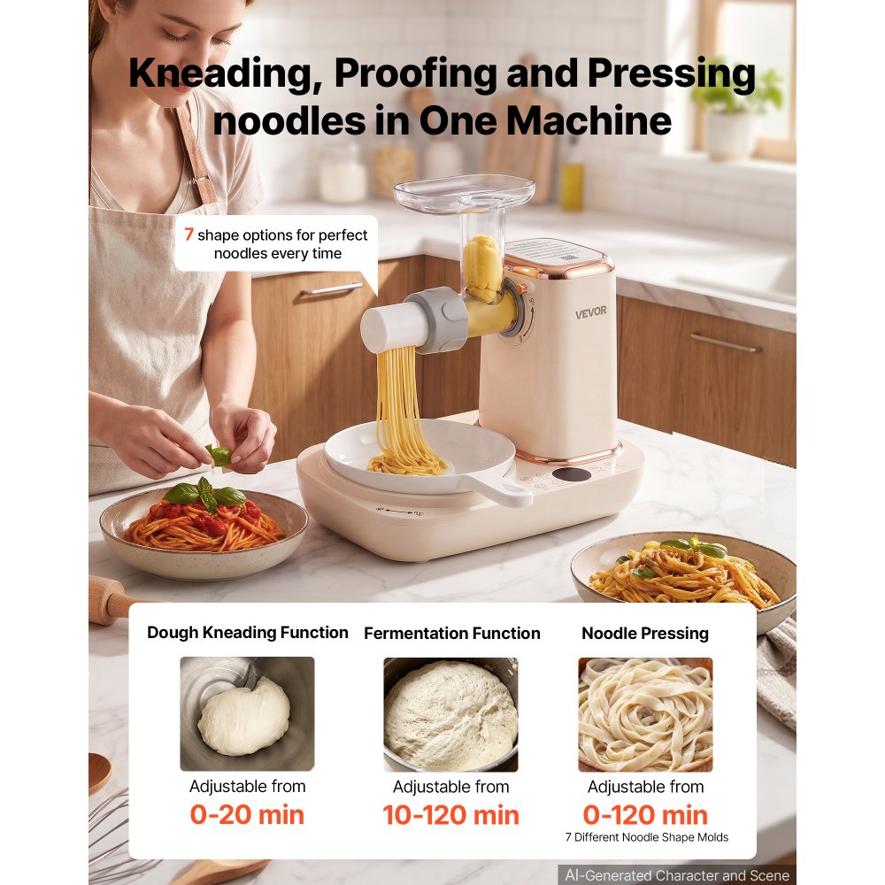 VEVOR Deegkneedmachine met rijs- en pasta-extrusiefunctie, 5 liter elektrisch, geschikt voor brood, pizza en pasta, met 7 vormschijven, verwijderbare invoergoot en digitaal bedieningspaneel, voor 4-5 personen