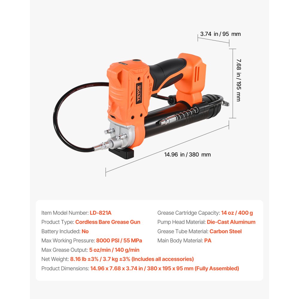VEVOR snoerloos vetpistool, max. 55 MPa, vetpistool met led-lampje en slang, 20V snoerloos, compatibel met 18V Makita-accu's, voor het smeren van voertuigen of machines (alleen gereedschap, geen accu)
