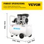 VEVOR Whisper Compressor 50 L, stille olievrije compressor 750 W, olievrije luchtcompressor 68 dB, luchtcompressor 230 V, stille luchttank met een afzuigvolume van 170 l/min en ingebouwde afzuigventilator.