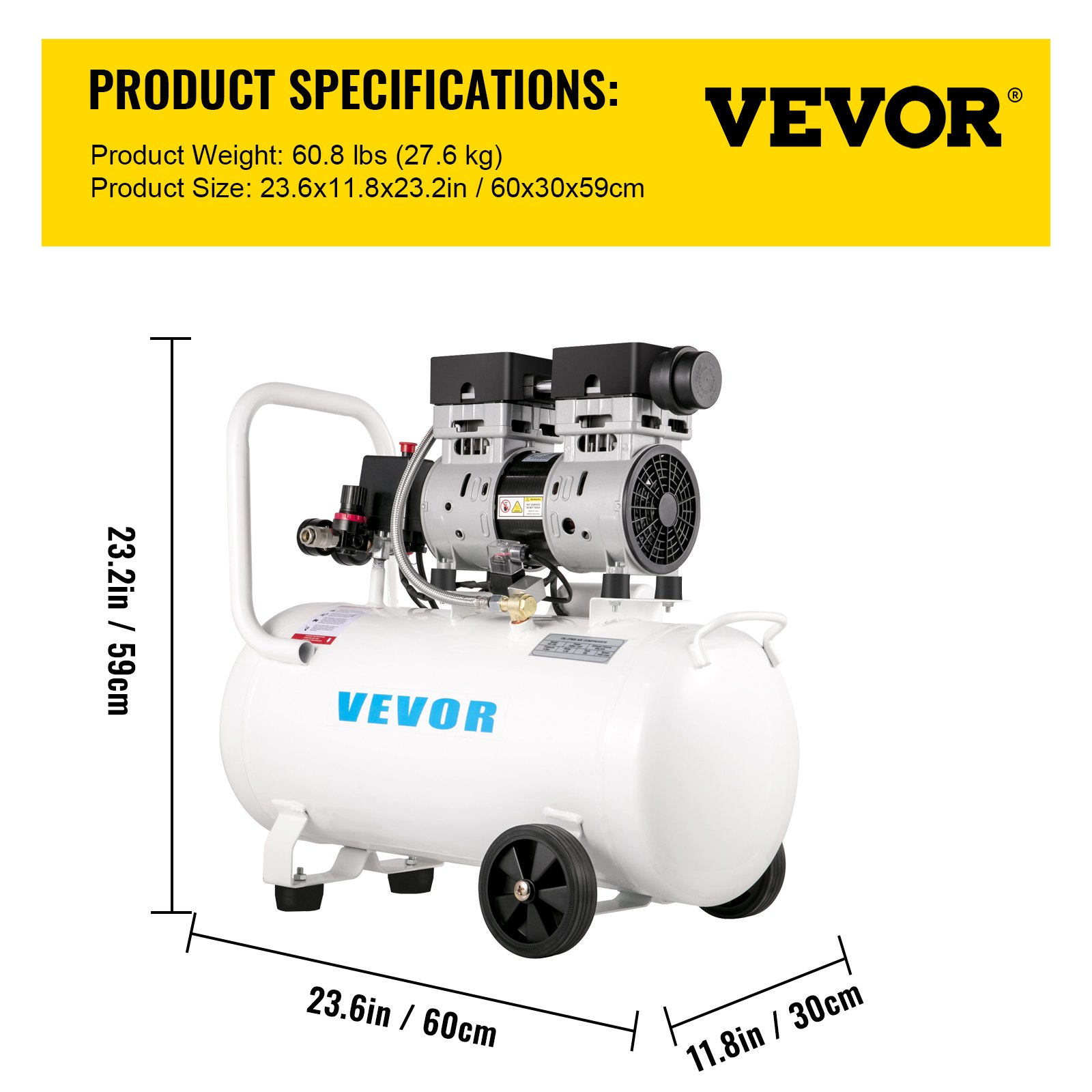 VEVOR Whisper Compressor 50 L, stille olievrije compressor 750 W, olievrije luchtcompressor 68 dB, luchtcompressor 230 V, stille luchttank met een afzuigvolume van 170 l/min en ingebouwde afzuigventilator.