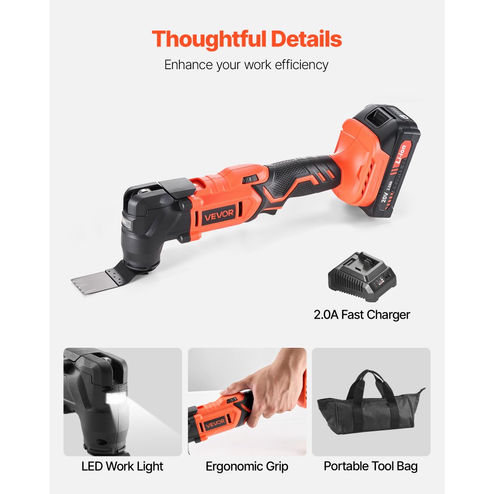 VEVOR Cordless Oscillating Tool, 20V Oscillating Multi Tool Kit with 6 Variable Speeds 8500 - 17000 OPM, 3.2° Oscillation Angle, 2.0Ah Battery Pack & Charger, 12PCS Saw Accessories & LED Work Light