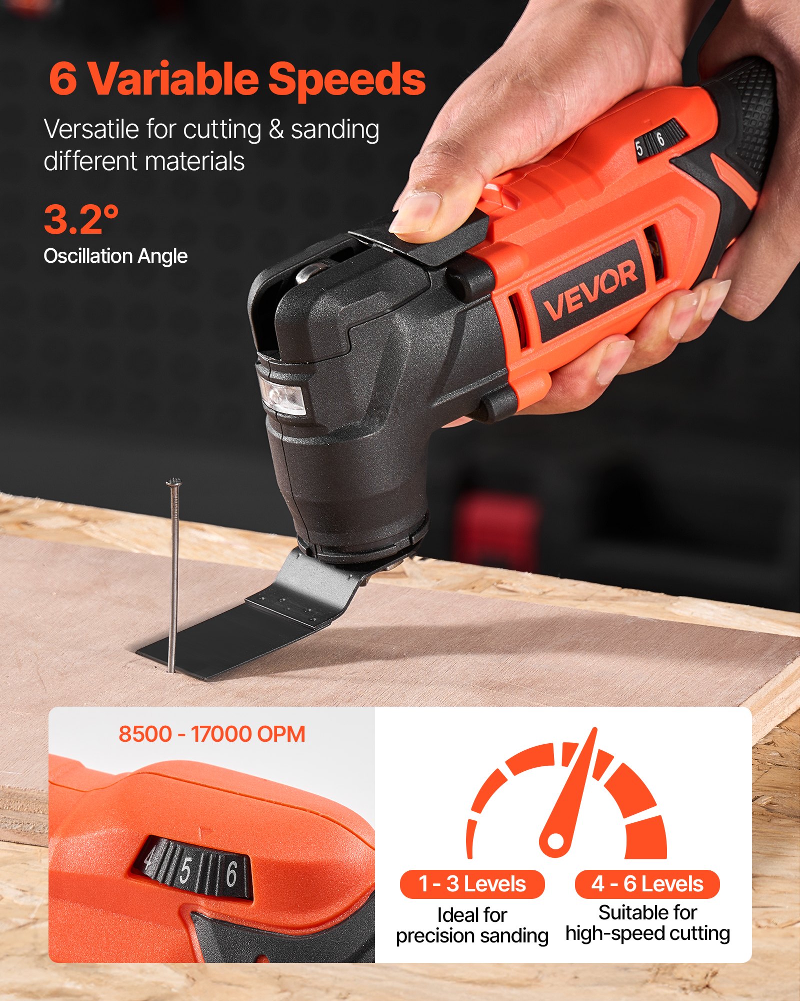 VEVOR Cordless Oscillating Tool, 20V Oscillating Multi Tool Kit with 6 Variable Speeds 8500 - 17000 OPM, 3.2° Oscillation Angle, 2.0Ah Battery Pack & Charger, 12PCS Saw Accessories & LED Work Light