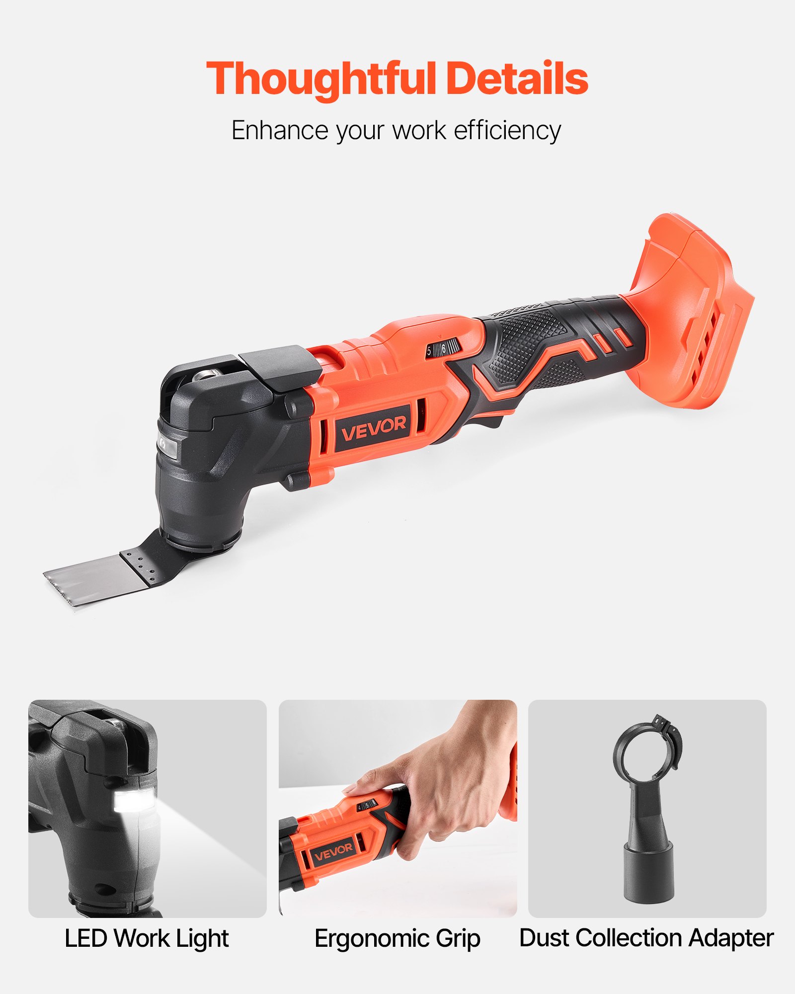 VEVOR snoerloze multitool, 20V multi-cutter met 6 variabele snelheden 8500-17000 OPM, 3,2° oscillatiehoek, inclusief zaagaccessoires en LED (accu niet inbegrepen)