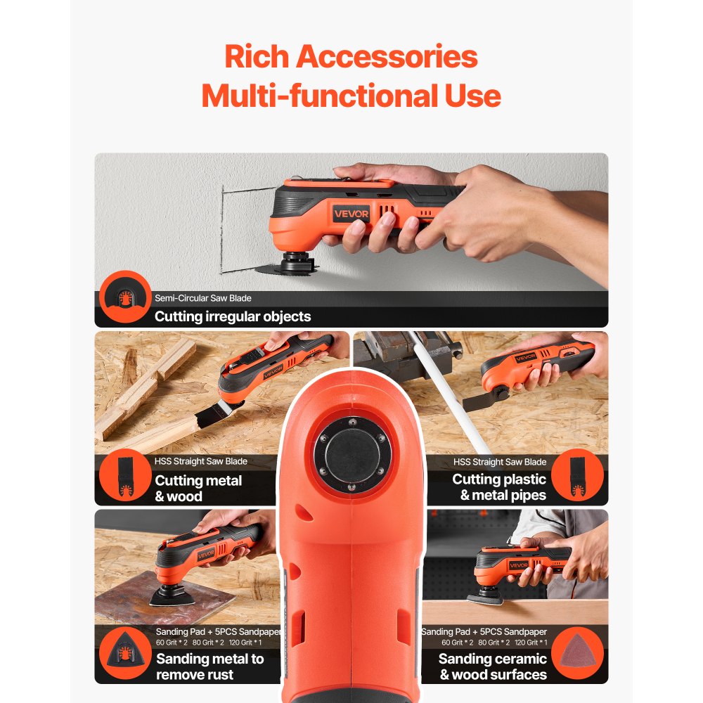 VEVOR Accu-oscillerend gereedschap, 12V multitool met 6 snelheden, 6000–17500 omwentelingen per minuut, 3,2° oscillatiehoek, 2,0 Ah accupack en lader, 8-delige zaagaccessoireset en LED-werklamp.