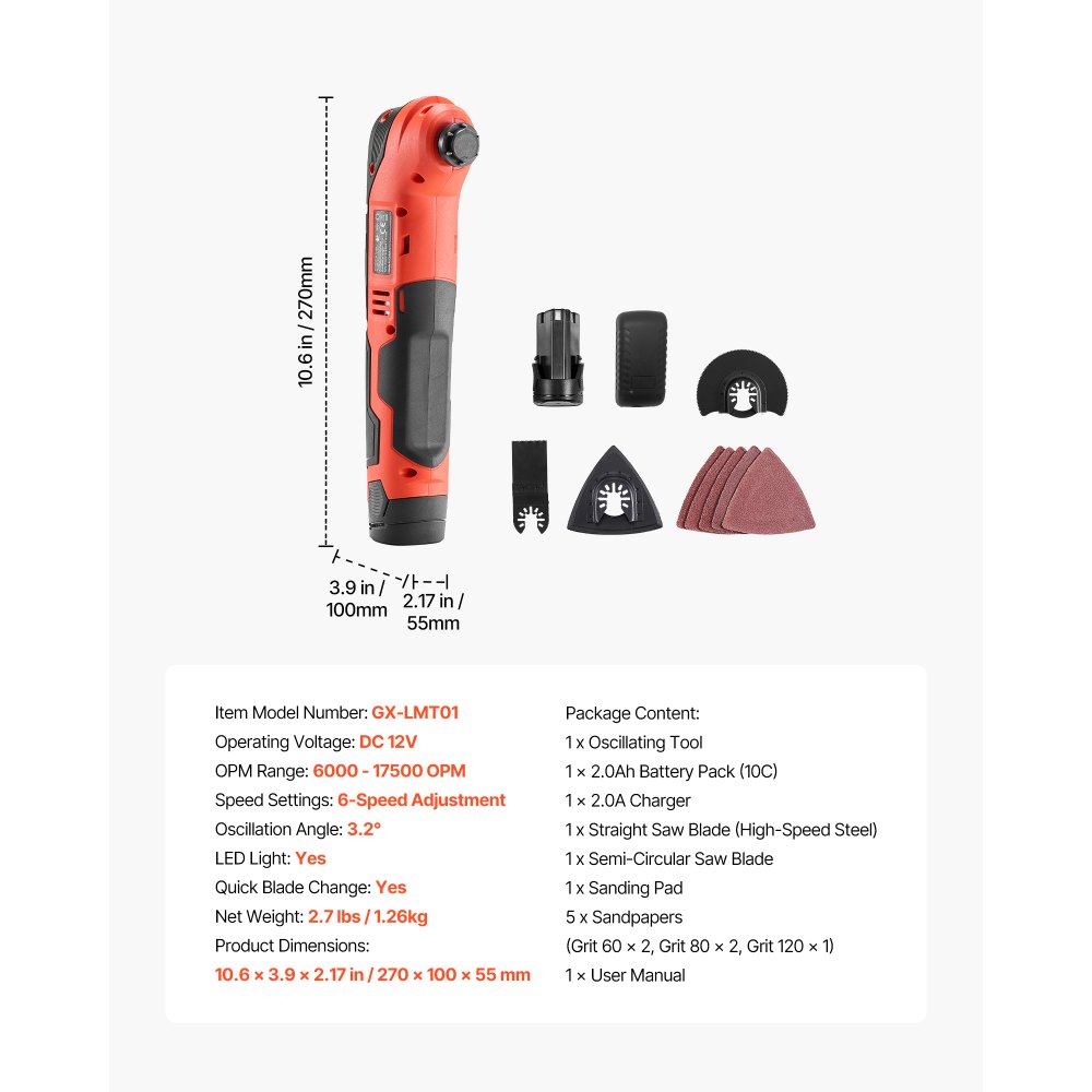 VEVOR Accu-oscillerend gereedschap, 12V multitool met 6 snelheden, 6000–17500 omwentelingen per minuut, 3,2° oscillatiehoek, 2,0 Ah accupack en lader, 8-delige zaagaccessoireset en LED-werklamp.