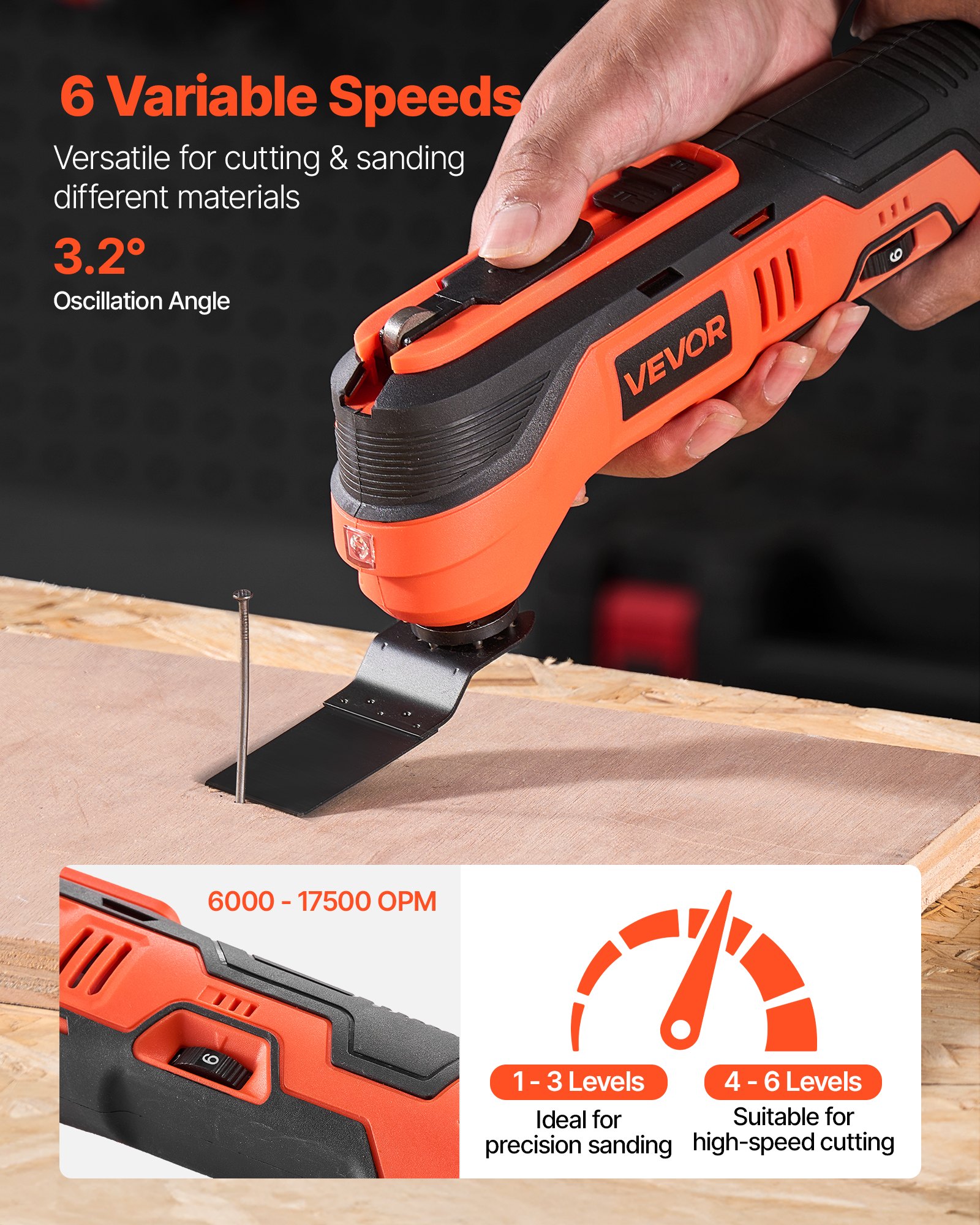 VEVOR Accu-oscillerend gereedschap, 12V multitool met 6 snelheden, 6000–17500 omwentelingen per minuut, 3,2° oscillatiehoek, 2,0 Ah accupack en lader, 8-delige zaagaccessoireset en LED-werklamp.