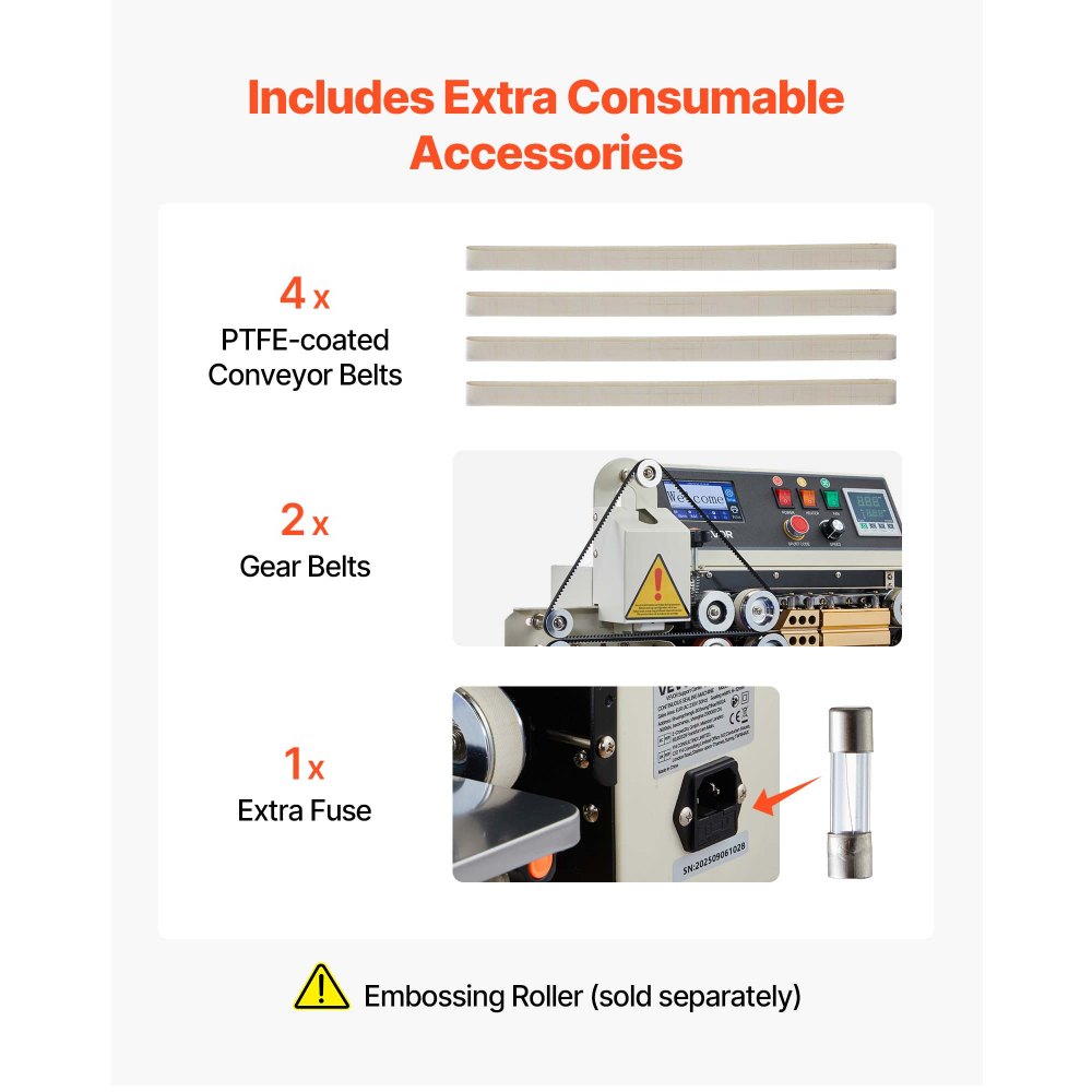 VEVOR Continue sluitmachine, 6–12 mm sluitbreedte, horizontaal, met inkjetprint, sluitmachine, temperatuur en snelheid instelbaar, voor plastic zakken van 0,03–0,8 mm