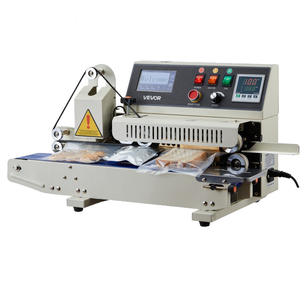 VEVOR Continue sluitmachine, 6–12 mm sluitbreedte, horizontaal, met inkjetprint, sluitmachine, temperatuur en snelheid instelbaar, voor plastic zakken van 0,03–0,8 mm