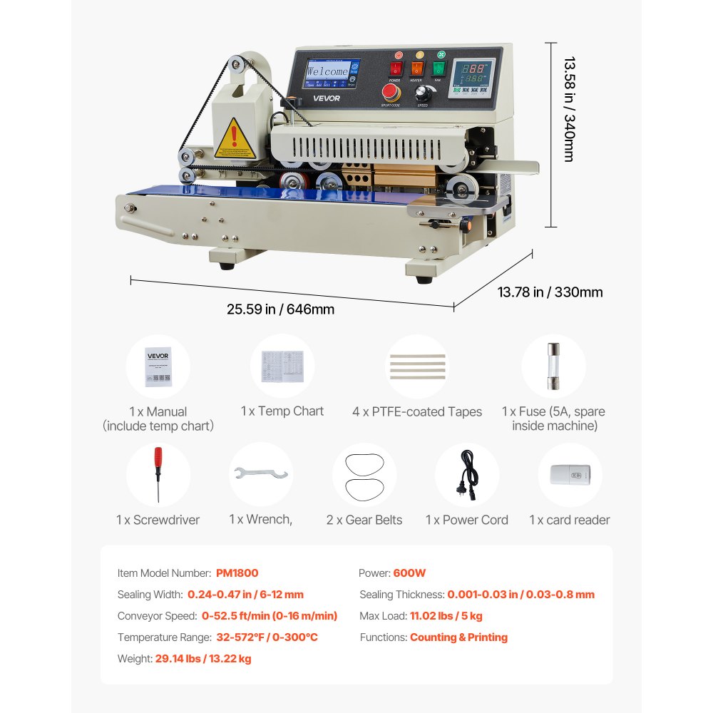 VEVOR continue sealmachine, 6–12 mm sealbreedte, horizontaal, met inkjetprint, sealmachine, temperatuur en snelheid instelbaar, voor plastic zakken van 0,03–0,8 mm.