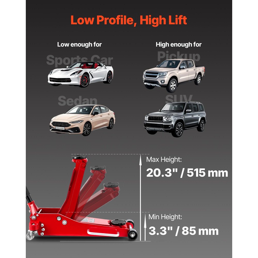 VEVOR hydraulische krik, 3 ton hefvermogen, platte aluminium krik met dubbele zuiger snelhefpomp, autokrik voor sportwagens, SUV's en pick-ups, hefbereik 85-515 mm, rood