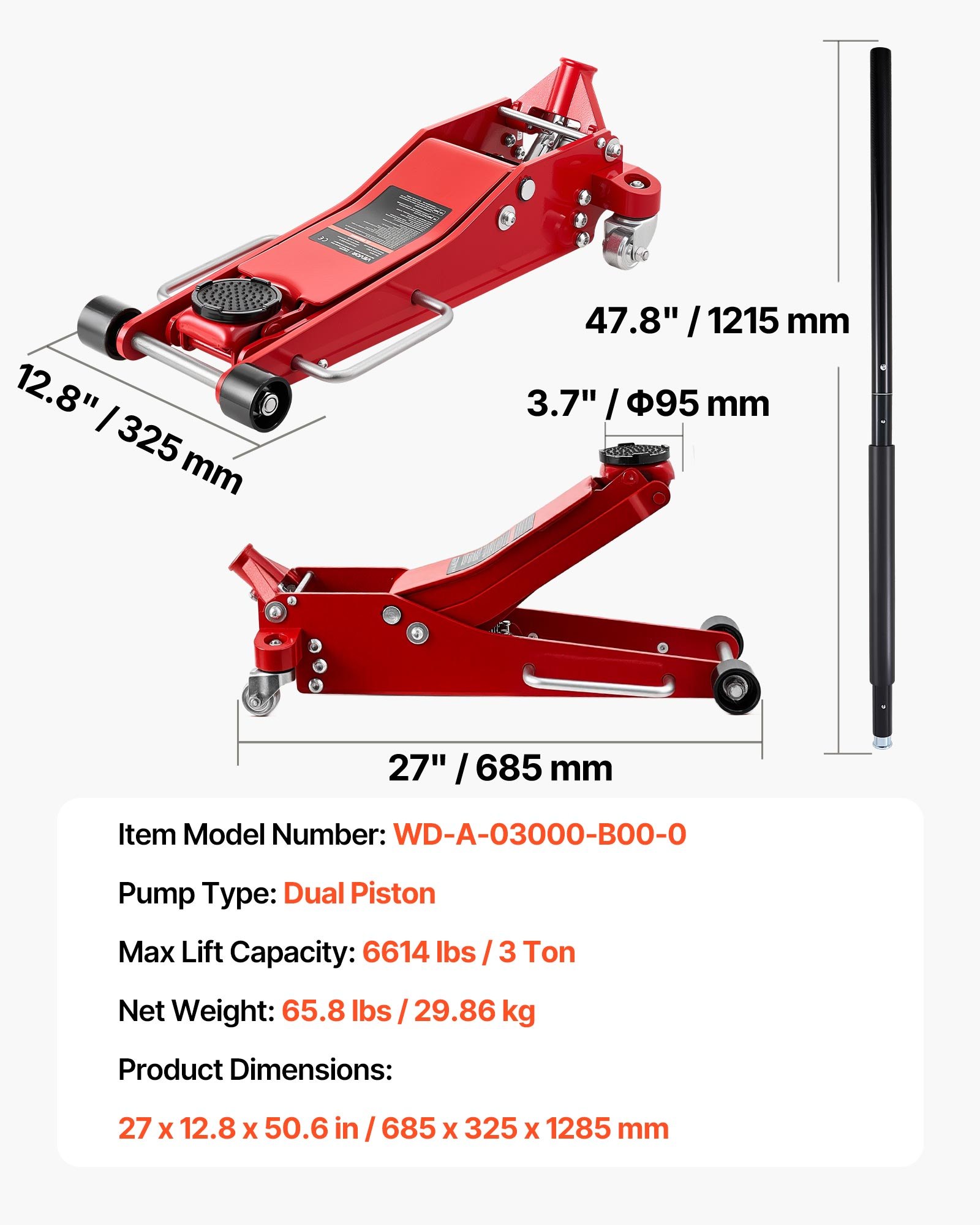 VEVOR hydraulische krik, 3 ton hefvermogen, platte aluminium krik met dubbele zuiger snelhefpomp, autokrik voor sportwagens, SUV's en pick-ups, hefbereik 85-515 mm, rood