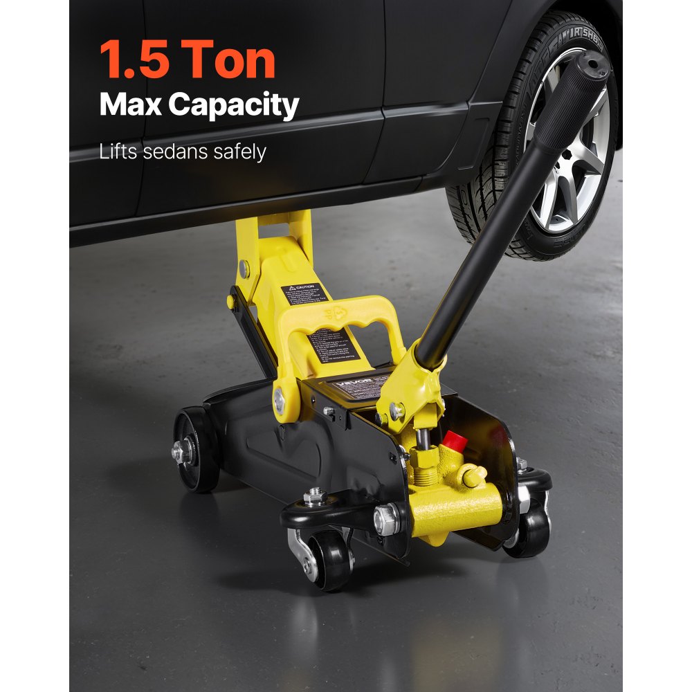 VEVOR Low-Profile Trolley Jack & 360° wielen, 1,5 t hefvermogen, snelwerkende pomp met enkele zuiger, 13-31 cm hefhoogte, hydraulische krik voor sportwagens en sedans, geel + zwart