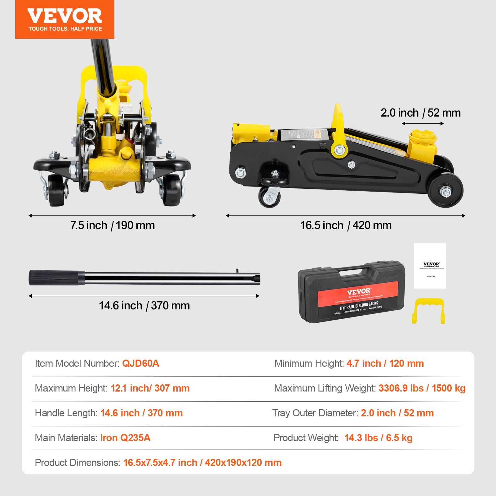 VEVOR Low Profile Floor Jack 1.5 Ton (3300 lbs), Heavy Duty Iron Hydraulic Racing Floor Jack, Hydraulic Car Jack, Single Piston Quick Lift Pump, 4.7"-12.1" Height Lifting Range (Yellow)