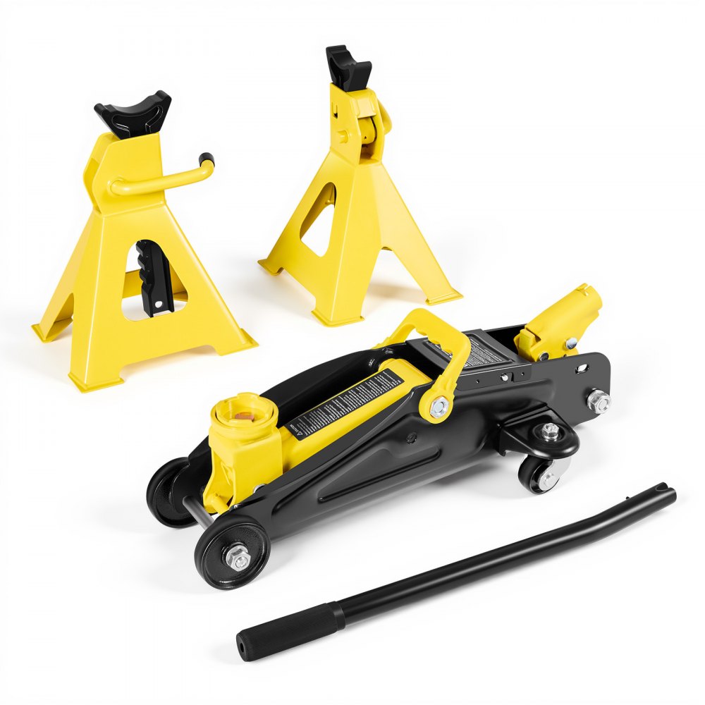 VEVOR Laagprofiel hydraulische krik met steunen, 2 ton hefvermogen, snelwerkende pomp met enkele zuiger, hefhoogte 13-31 cm, hydraulische krik voor compacte SUV's, geel + zwart