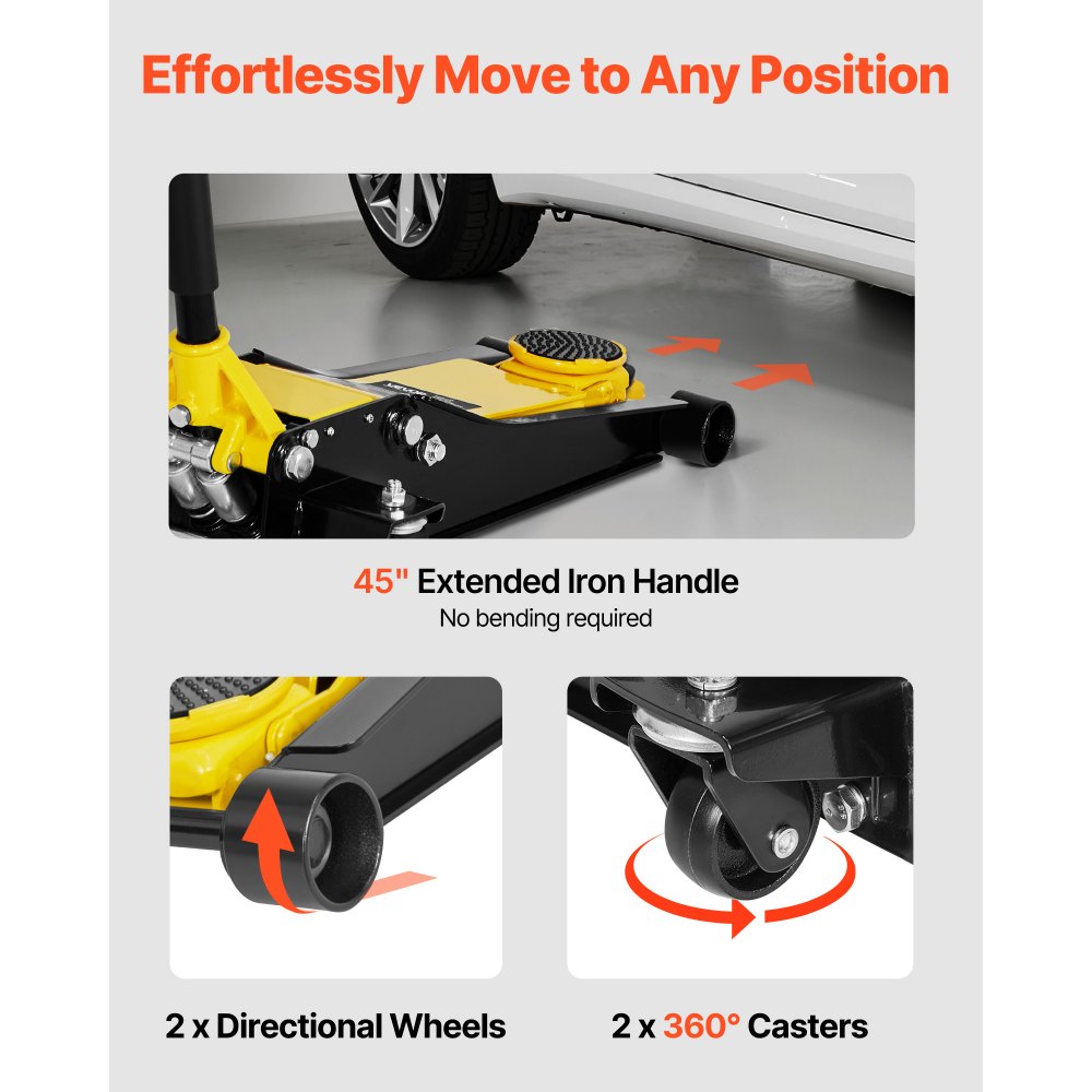 VEVOR Low Profile Floor Jack, 2 Ton (4400 lbs) Capacity, Steel Racing Floor Jack with Dual Pistons Quick Lift Pump, Hydraulic Trolley Car Lift for Sports Cars, Sedans, Lifting Range 2.95-19.9 Inches