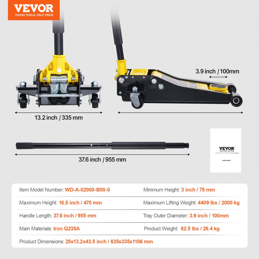 VEVOR Low Profile Floor Jack 2 Ton (4400 lbs), Heavy Duty Iron Hydraulic Racing Floor Jack, Hydraulic Car Jack, Dual Piston Quick Lift Pump, 3"-18.5" Height Lifting Range (Yellow)