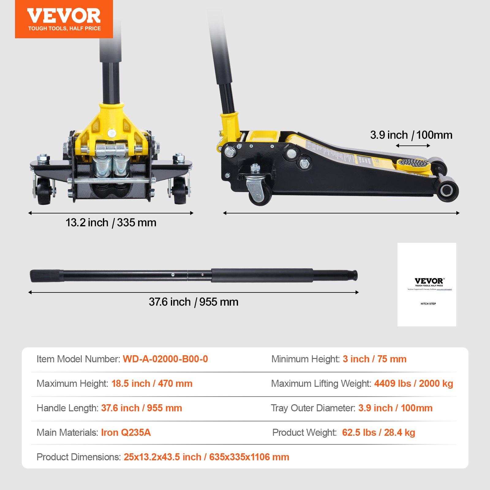 VEVOR Low Profile Floor Jack 2 Ton (4400 lbs), Heavy Duty Iron Hydraulic Racing Floor Jack, Hydraulic Car Jack, Dual Piston Quick Lift Pump, 3"-18.5" Height Lifting Range (Yellow)