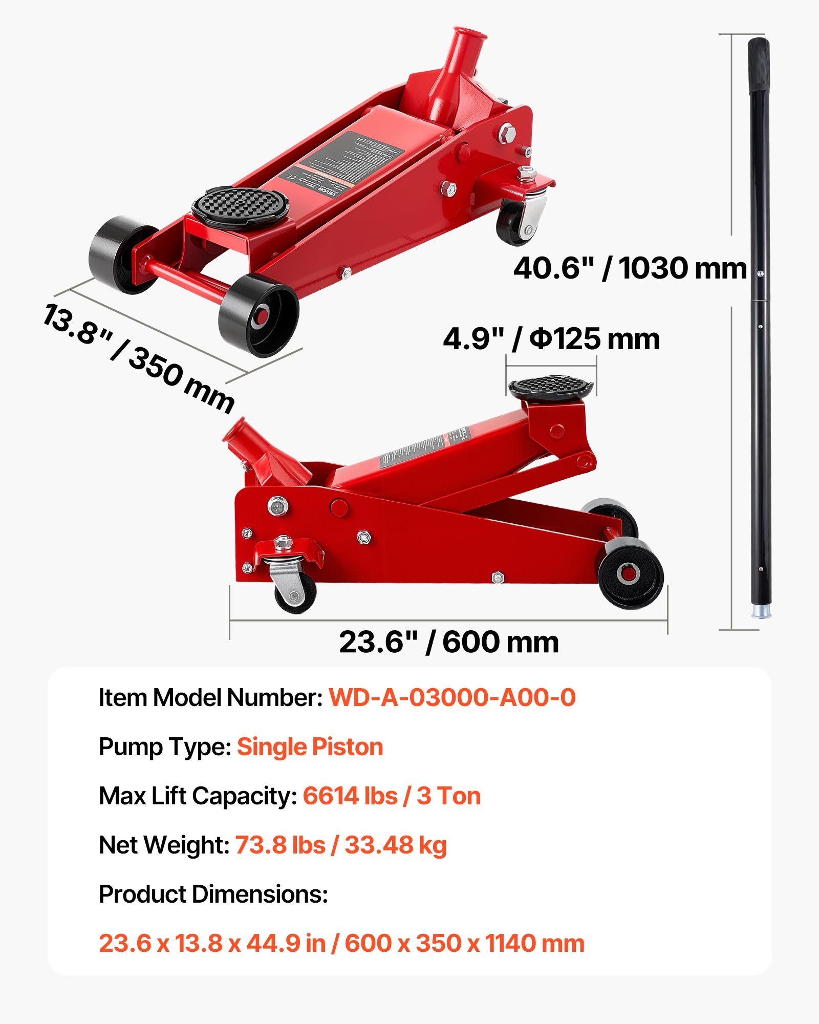 VEVOR hydraulische krik met wieltjes, 3 ton hefvermogen, laag profiel stalen krik met snelwerkende pomp met enkele zuiger, autokrik voor sportwagens, SUV's en pick-ups, hefhoogte van 13-50 cm, racekrik, rood