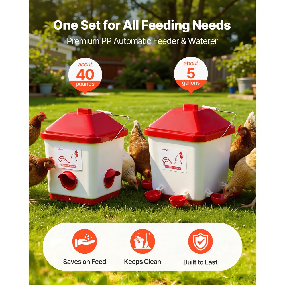 VEVOR Automatic Chicken Feeder & Waterer Set, 5 Gallon/40 Pounds, Rain Proof Hanging Poultry Feeder with Water Cup No Waste, Automatic Gravity, Avoid Small Animals, Suitable for Chicken, Duck, Turkey