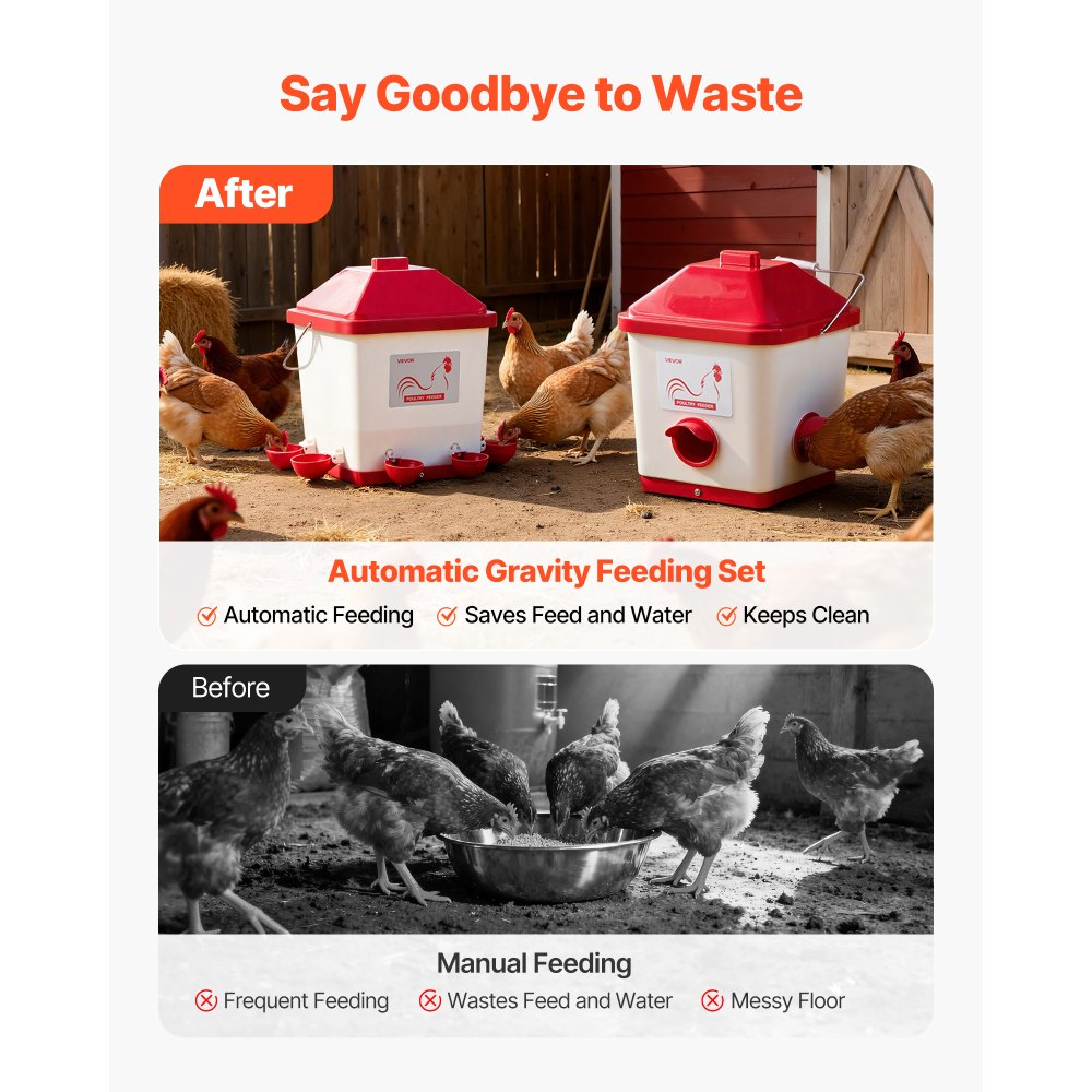 VEVOR Automatic Chicken Feeder & Waterer Set, 5 Gallon/40 Pounds, Rain Proof Hanging Poultry Feeder with Water Cup No Waste, Automatic Gravity, Avoid Small Animals, Suitable for Chicken, Duck, Turkey