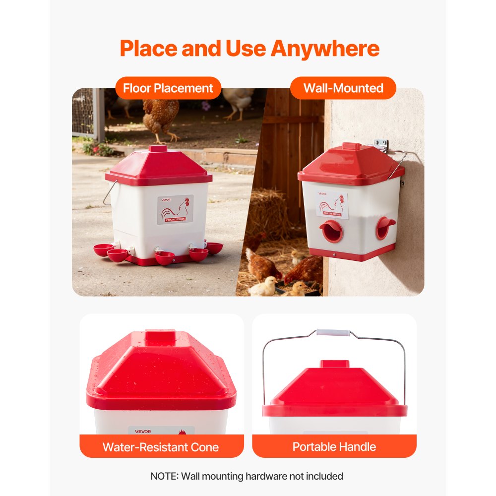 VEVOR Automatic Chicken Feeder & Waterer Set, 5 Gallon/40 Pounds, Rain Proof Hanging Poultry Feeder with Water Cup No Waste, Automatic Gravity, Avoid Small Animals, Suitable for Chicken, Duck, Turkey