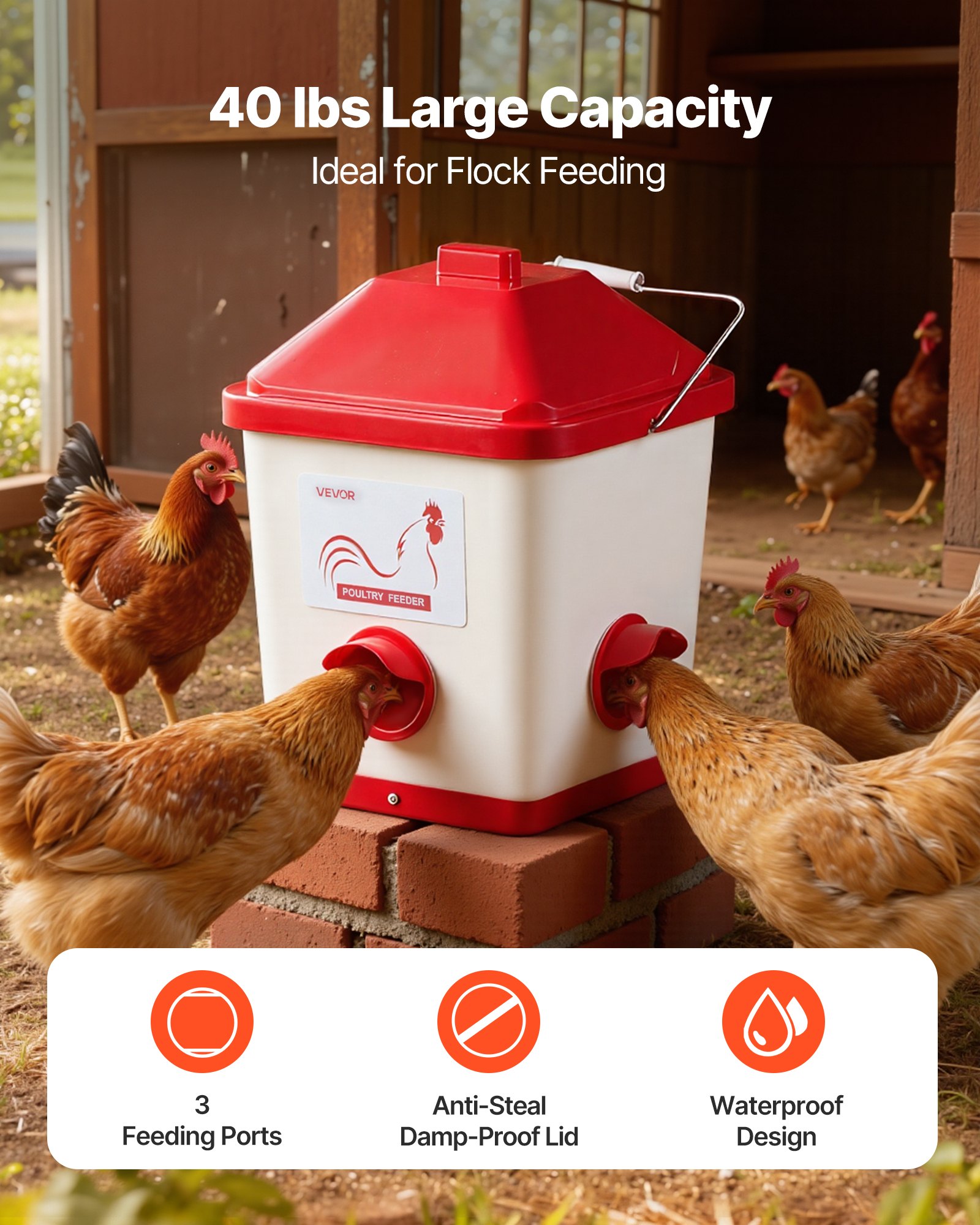 VEVOR Automatic Chicken Feeder & Waterer Set, 5 Gallon/40 Pounds, Rain Proof Hanging Poultry Feeder with Water Cup No Waste, Automatic Gravity, Avoid Small Animals, Suitable for Chicken, Duck, Turkey