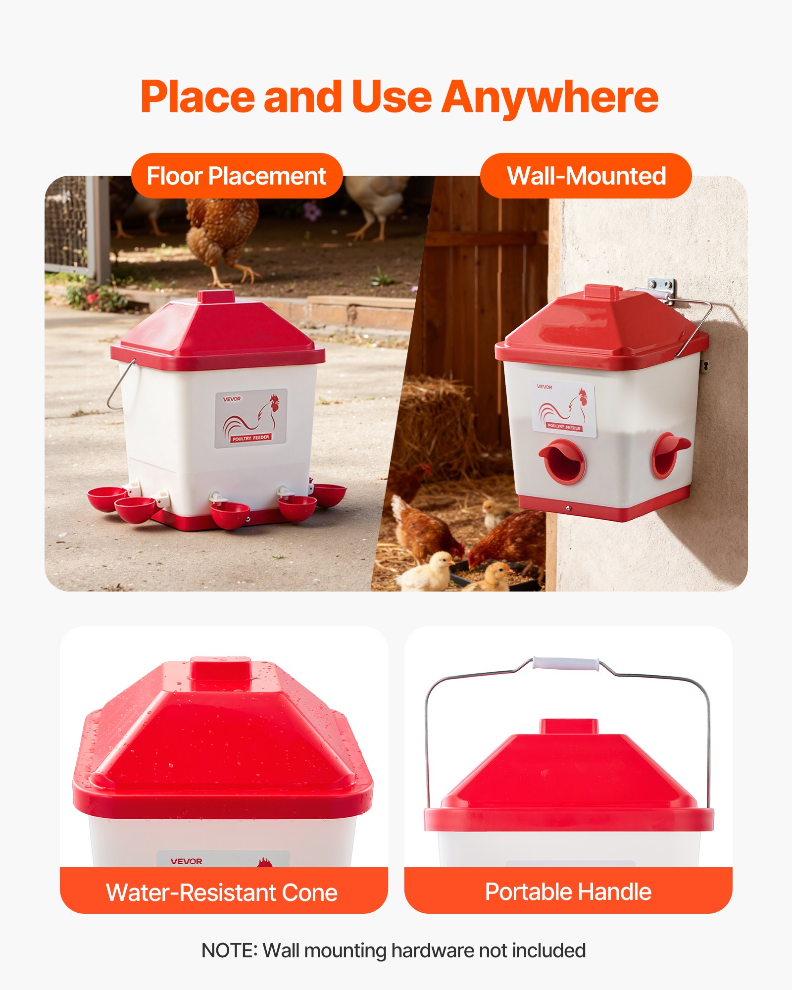 VEVOR Automatic Chicken Feeder & Waterer Set, 5 Gallon/40 Pounds, Rain Proof Hanging Poultry Feeder with Water Cup No Waste, Automatic Gravity, Avoid Small Animals, Suitable for Chicken, Duck, Turkey