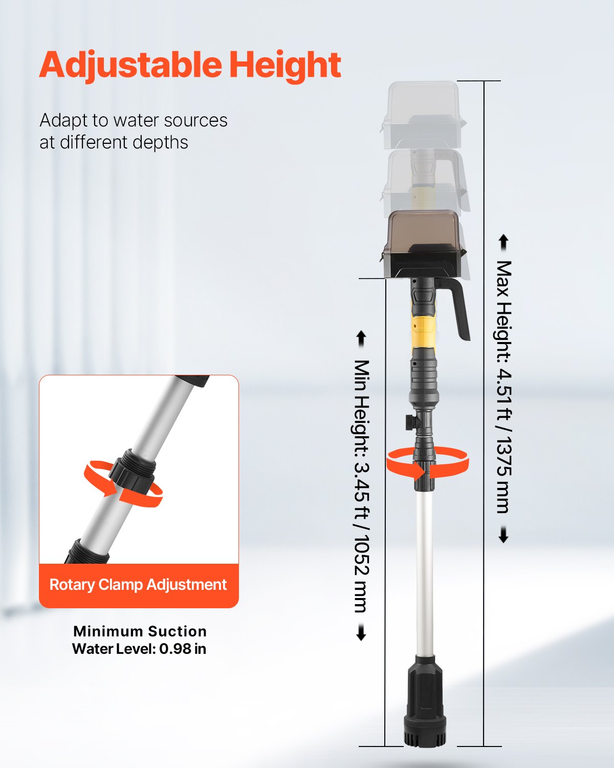 VEVOR draadloze stokwaterpomp, 528 GPH, draagbare dompelpomp met NPT 3/4-inch tuinslang, compatibel met Dewalt 20V MAX-accu (accu niet inbegrepen), elektrische stokpomp voor zwembad, tuin, vijver