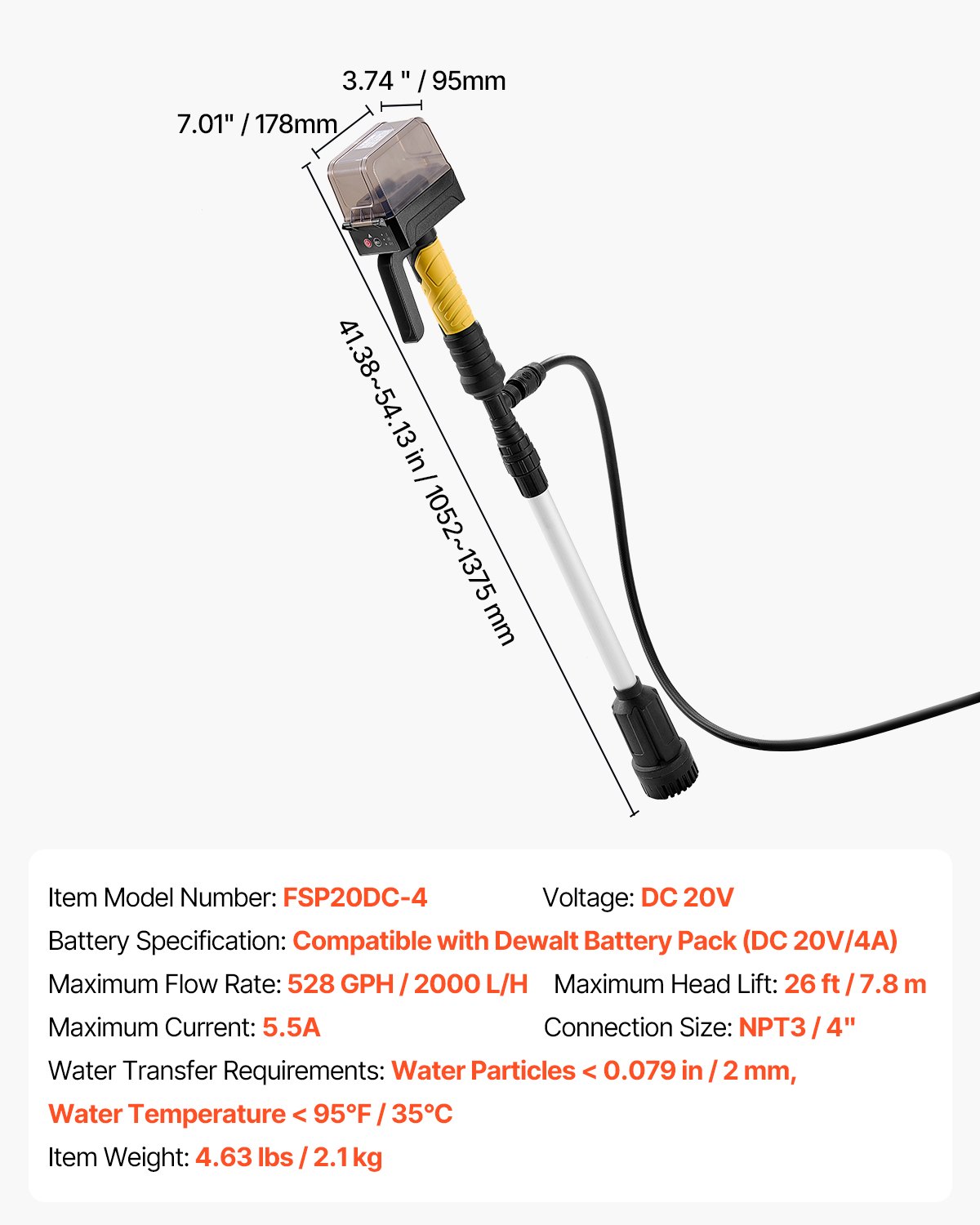 VEVOR draadloze stokwaterpomp, 528 GPH, draagbare dompelpomp met NPT 3/4-inch tuinslang, compatibel met Dewalt 20V MAX-accu (accu niet inbegrepen), elektrische stokpomp voor zwembad, tuin, vijver