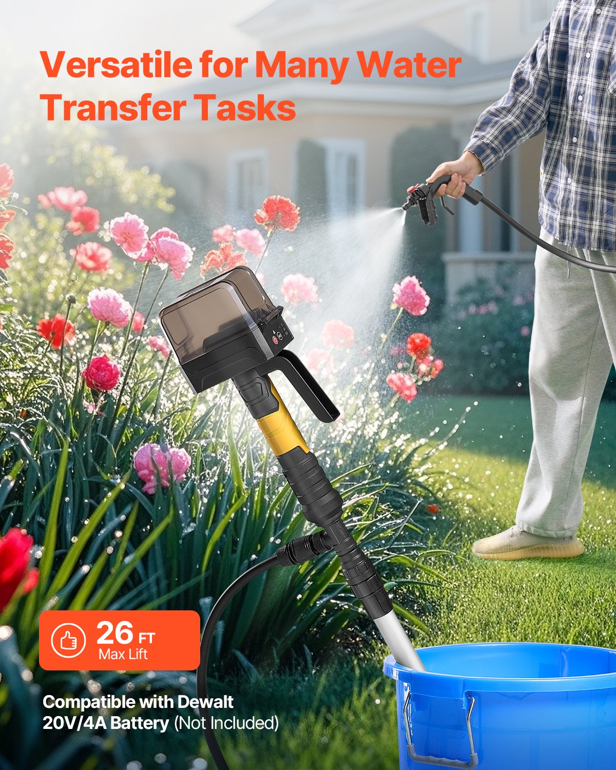 VEVOR Cordless Stick Water Transfer Pump, 528GPH, Portable Sump Pump with NPT3/4" Garden Hose, Compatible with Dewalt 20V MAX Battery (No Battery), Electric Utility Stick Pump for Pool, Garden, Pond