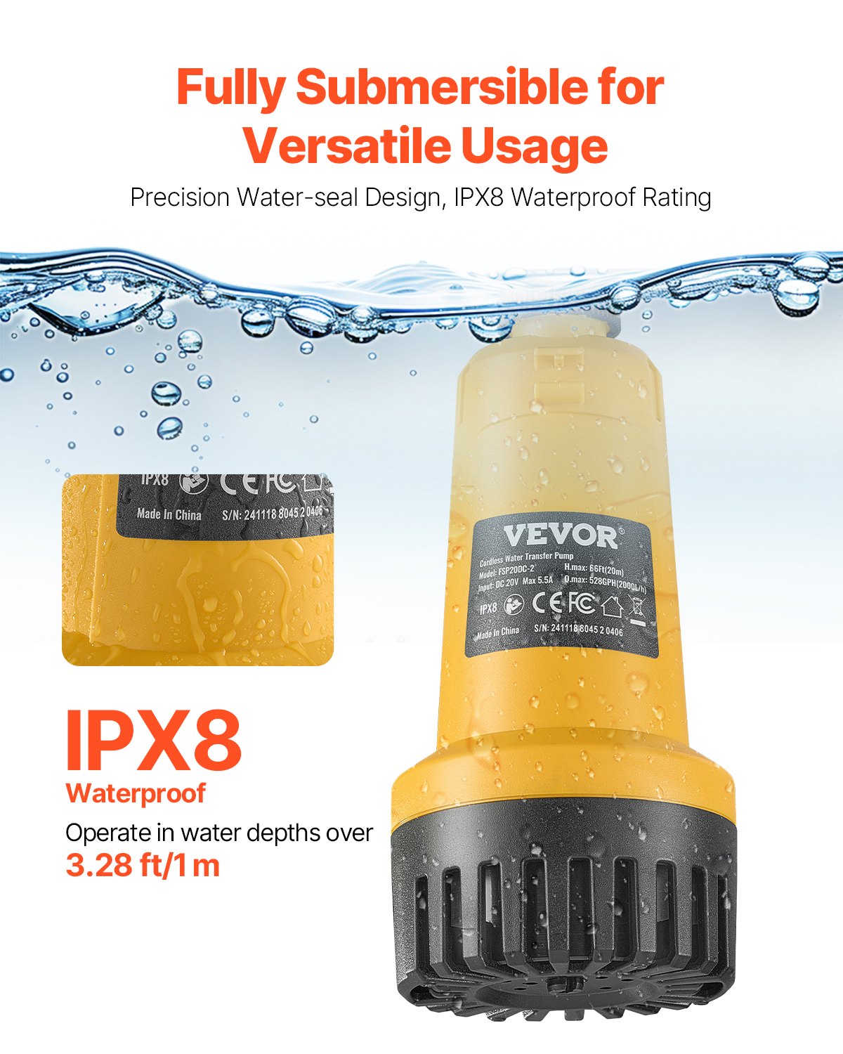 VEVOR Draadloze dompelpomp voor water, 528 GPH, draagbare dompelpomp met G3/4-inch tuinslang, compatibel met Dewalt 20V MAX-accu (accu niet inbegrepen), multifunctionele elektrische pomp voor zwembad, tuin en vijver