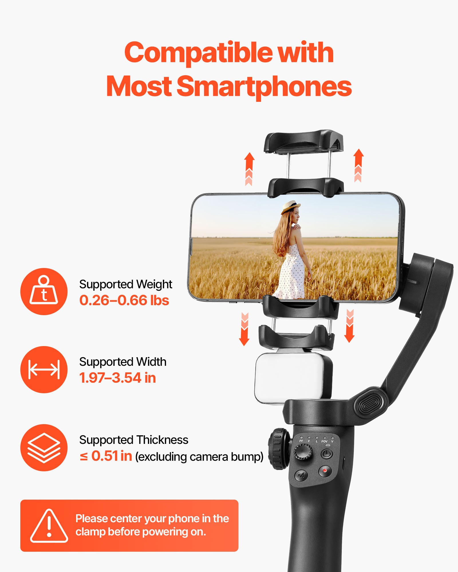 VEVOR Smartphone Gimbal Stabilisator, 3-assige stabilisatie met magnetisch invullicht, gezichtsherkenning, gebarenbediening, stabilisator voor video-opnames en vlogs, 200-3000 mA