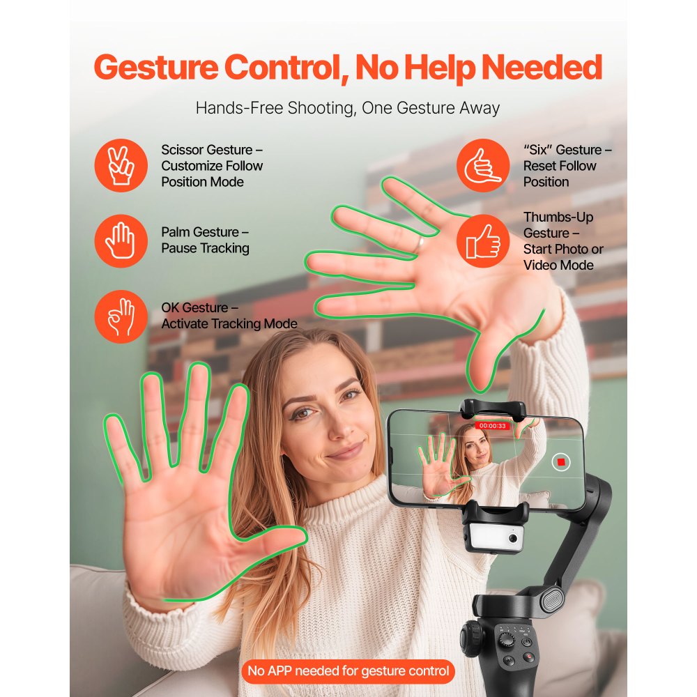 VEVOR Gimbal Stabilisator voor Smartphone, 3-assige Stabilisatie, AI-aangedreven Tracking Fill Light, Statief, Auto-Tracking, Draagbare Opvouwbare Stabilisator voor Video-opnamen