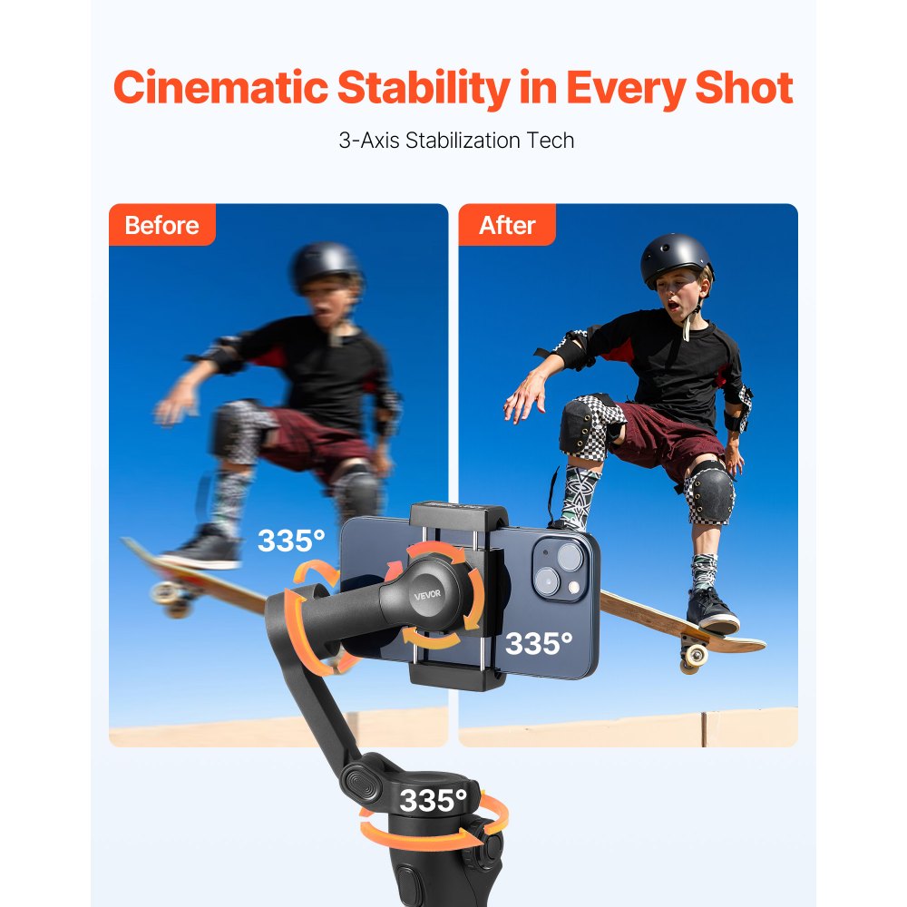 VEVOR Smartphone Gimbal Stabilisator, 3-assige stabilisatie met gezicht/object tracking, statief, draagbare en opvouwbare handheld stabilisator voor video-opnames, DC 3,5-4,2V