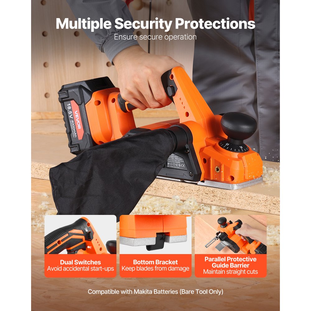 VEVOR Accu Schaafmachine, 82 mm snijbreedte, 15.000 tpm elektrische schaafmachine voor hout met borstelloze motor, instelbare snijdiepte voor houtbewerking, compatibel met VEVOR 18V ​​accu (alleen gereedschap)
