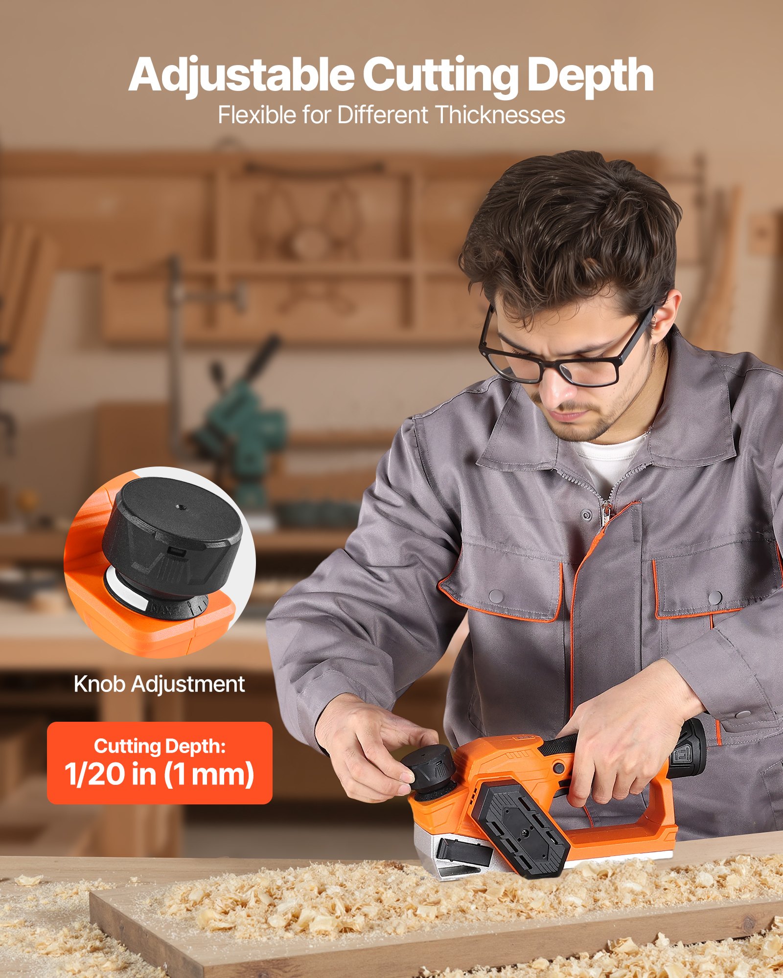 VEVOR Cordless Handheld Planer, 2-1/5-Inch Cut Width, 14500 RPM Electric Hand Wood Planer with 2 Ah 12V Lithium Battery, Brushless Motor, Adjustable Cut Depth, 2 Blades, for Woodworking Wood Chamfer