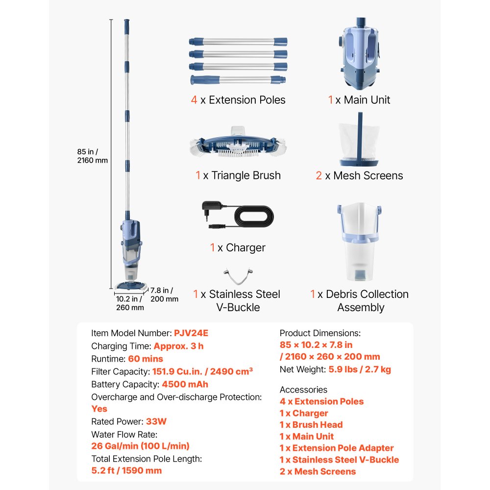 VEVOR Draadloze Zwembadstofzuiger, Handstofzuiger voor Zwembaden, Vloerstofzuiger, Onderwaterstofzuiger, 100L/min, Zwembadreiniger voor Bovengrondse Zwembaden, 60 Minuten Gebruiksduur, Krachtige Zuigkracht voor Bladeren en Vuil met Verlengstang