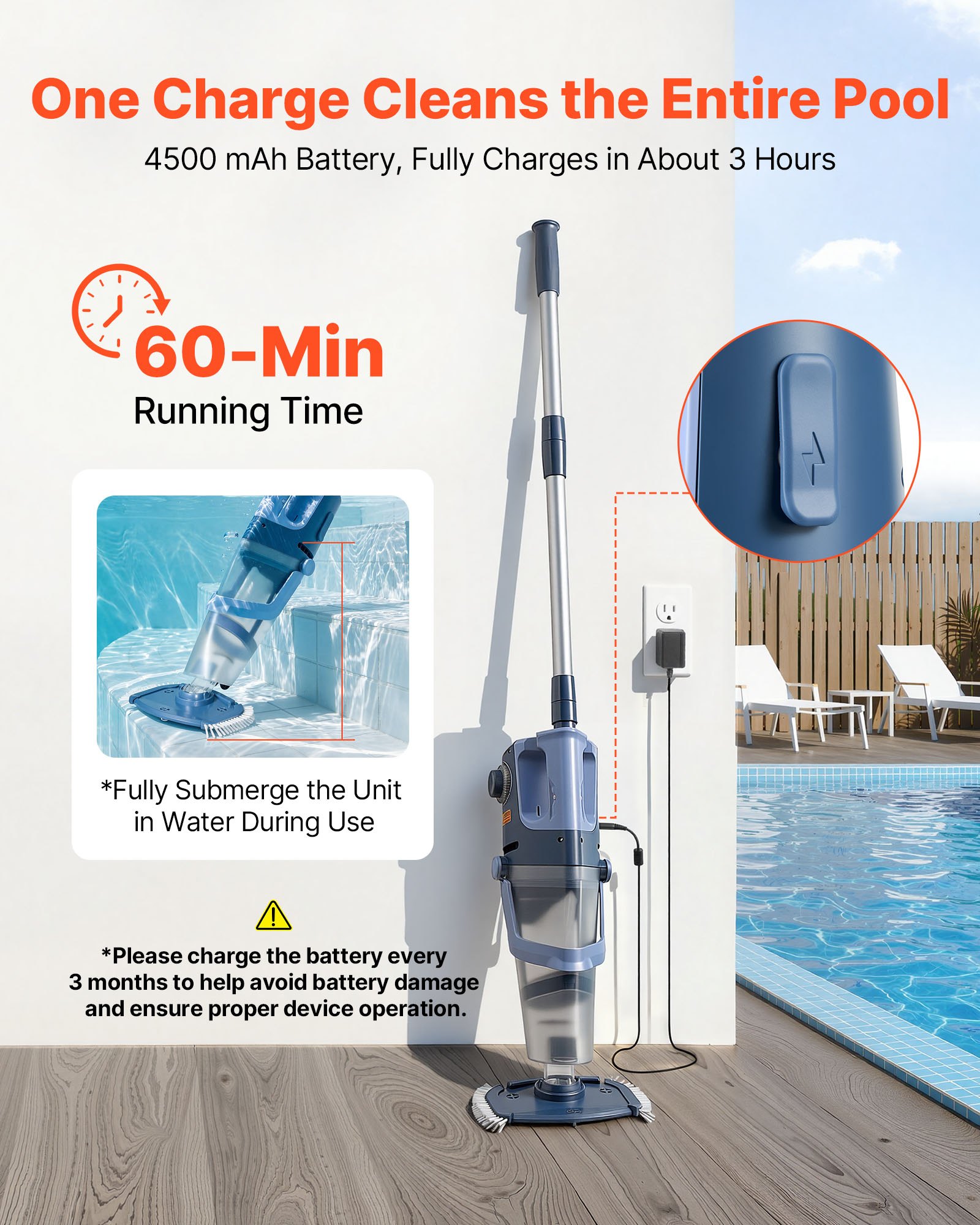 VEVOR Draadloze Zwembadstofzuiger, Handstofzuiger voor Zwembaden, Vloerstofzuiger, Onderwaterstofzuiger, 100L/min, Zwembadreiniger voor Bovengrondse Zwembaden, 60 Minuten Gebruiksduur, Krachtige Zuigkracht voor Bladeren en Vuil met Verlengstang